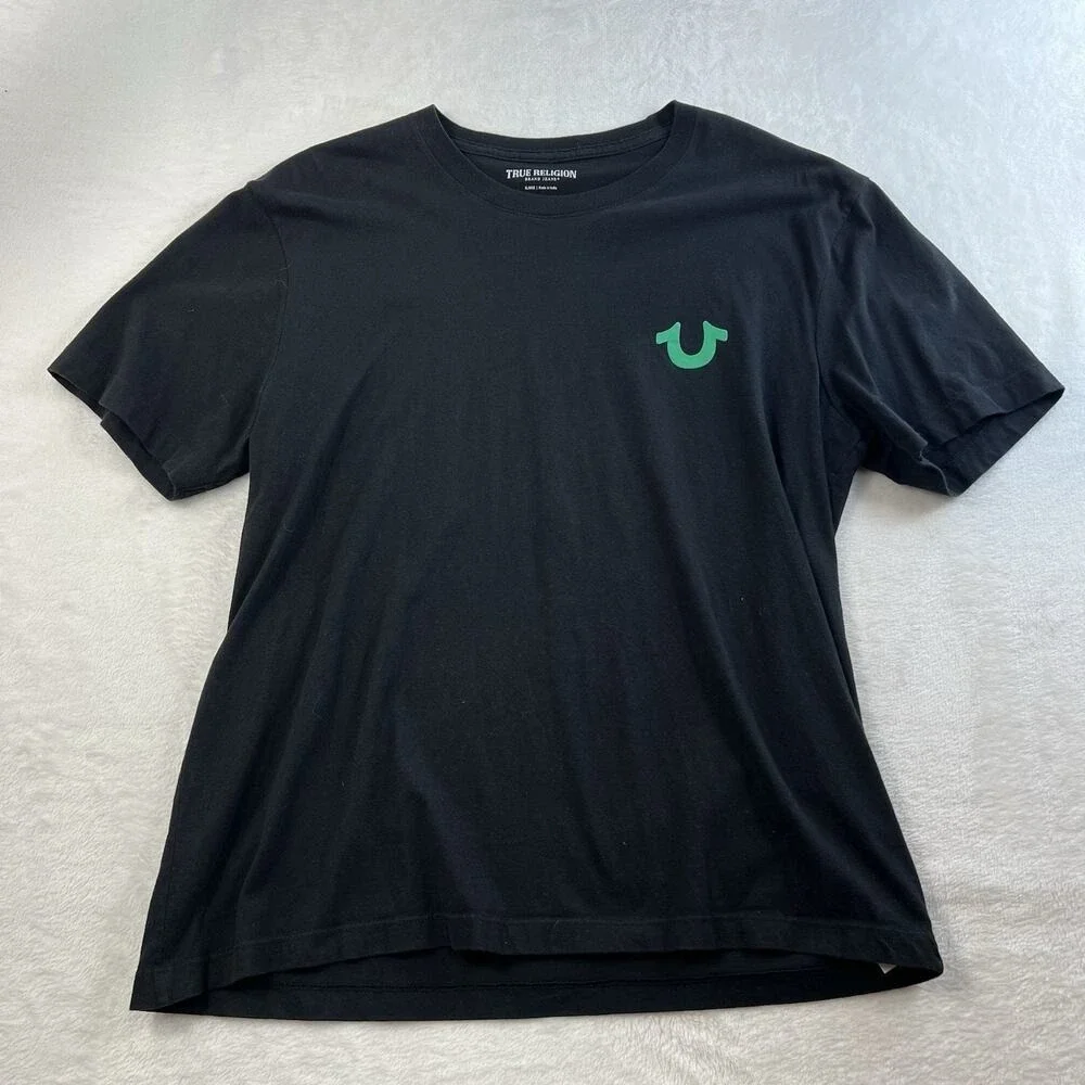 True Religion XL T-Shirt Buddha‎ Logo Graphic Seal Short Sleeve Tee Cotton Black